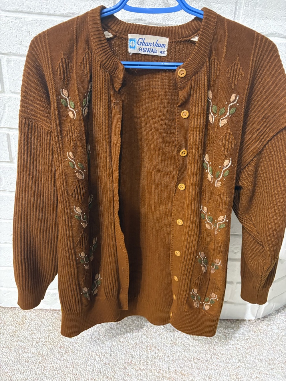 Vintage Brown Embroidered Button-Front Women's Sweater